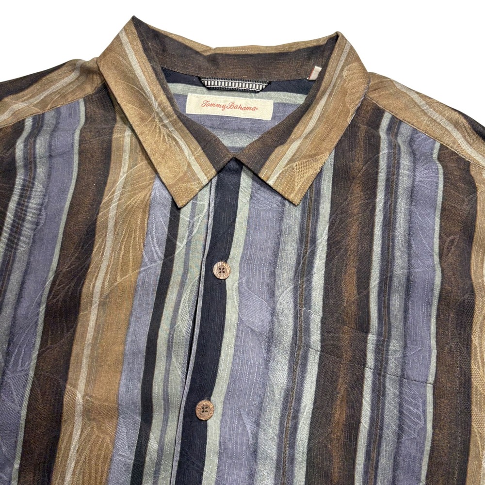 Tommy‎ Bahama Mens XL Silk Short Sleeve Button Up Shirt Tropical Striped Brown